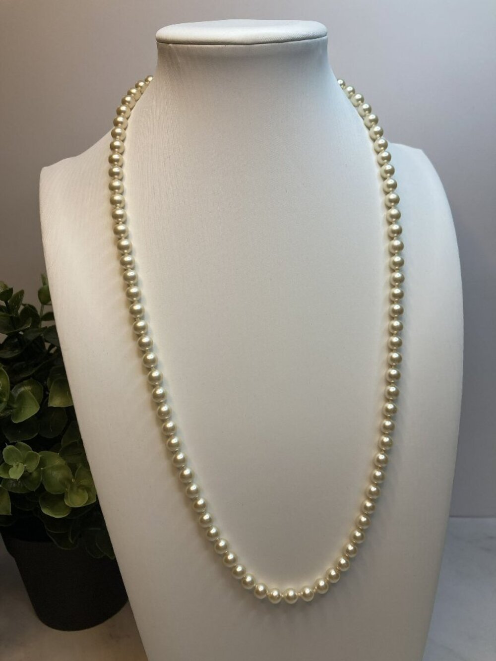 Vintage Faux Pearl Necklace Filigree Clasp 24" Strand -2B